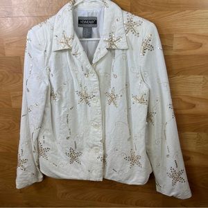 Vintage NOUVEAUX Size 14 Tan Embroidered Jacket w/Silver Sequins w/Long …